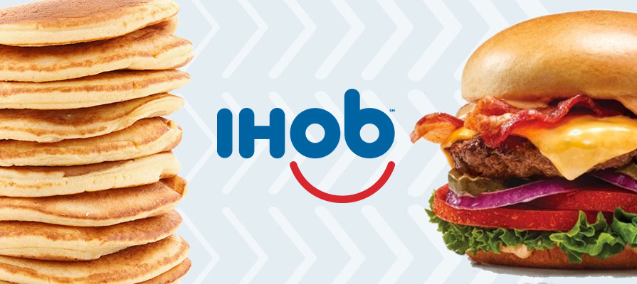 pancakes on the left, a burger on the right, and Ihob in the middle